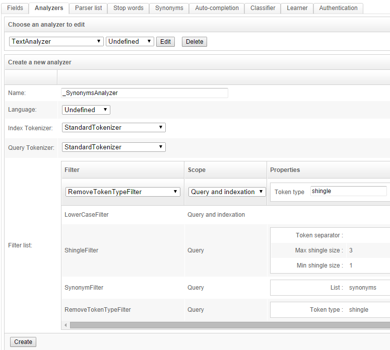 Creation of a synonyms analyzer