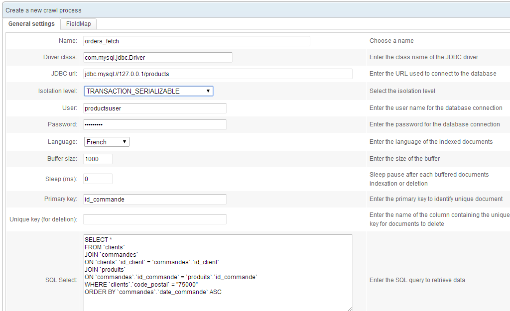 Database crawler - configuring a crawling process