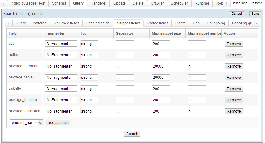 Defining snippets while building a query